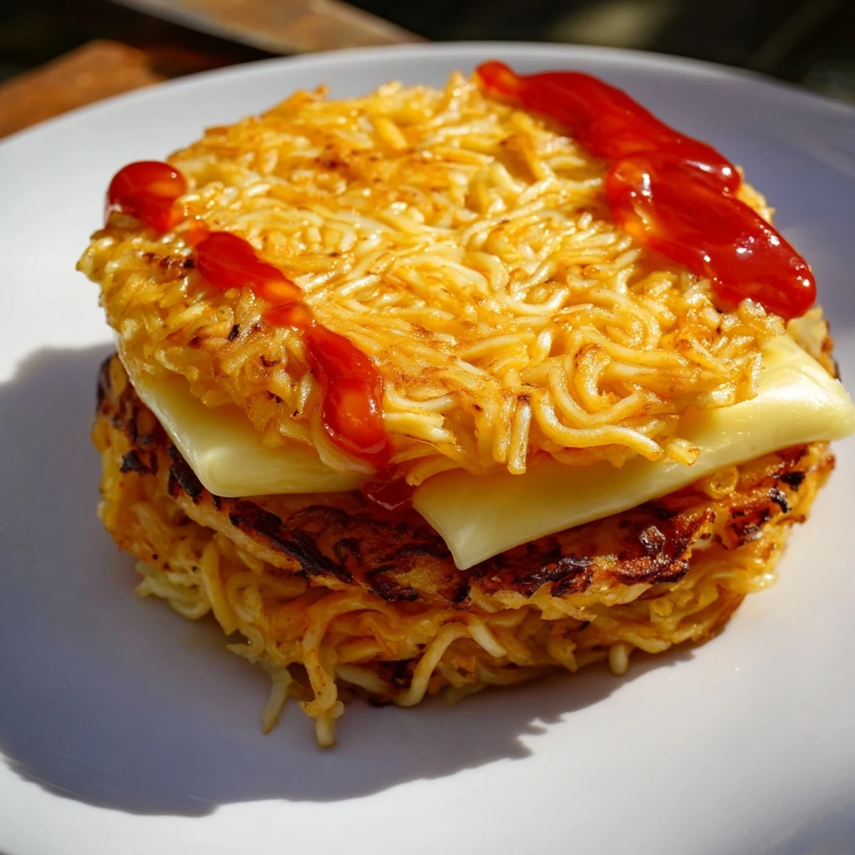 A delicious close-up of a perfectly grilled Instant Ramen Grilled Cheese ready to eat.