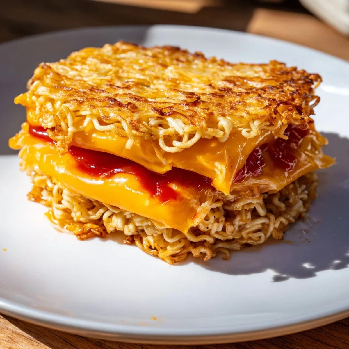 Crispy ramen noodles form the buns of this cheesy Instant Ramen Grilled Cheese sandwich.