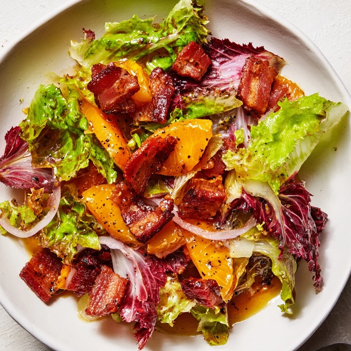 A vibrant Bitter Greens Salad with Warm Bacon Dressing, served and ready to be enjoyed.