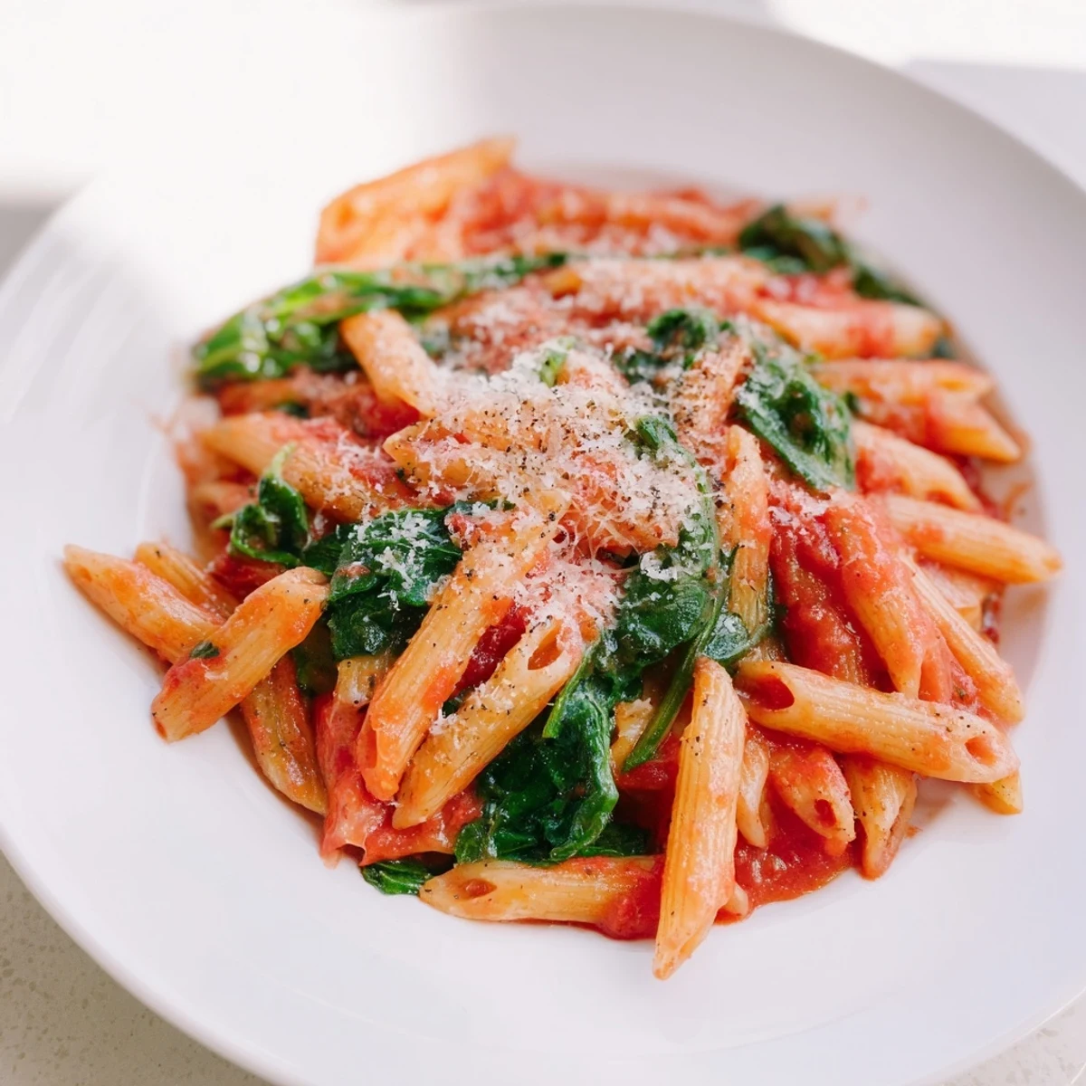Bowl of Quick Marinara Pasta with Spinach, a vibrant vegetarian Italian-American meal ready in minutes.