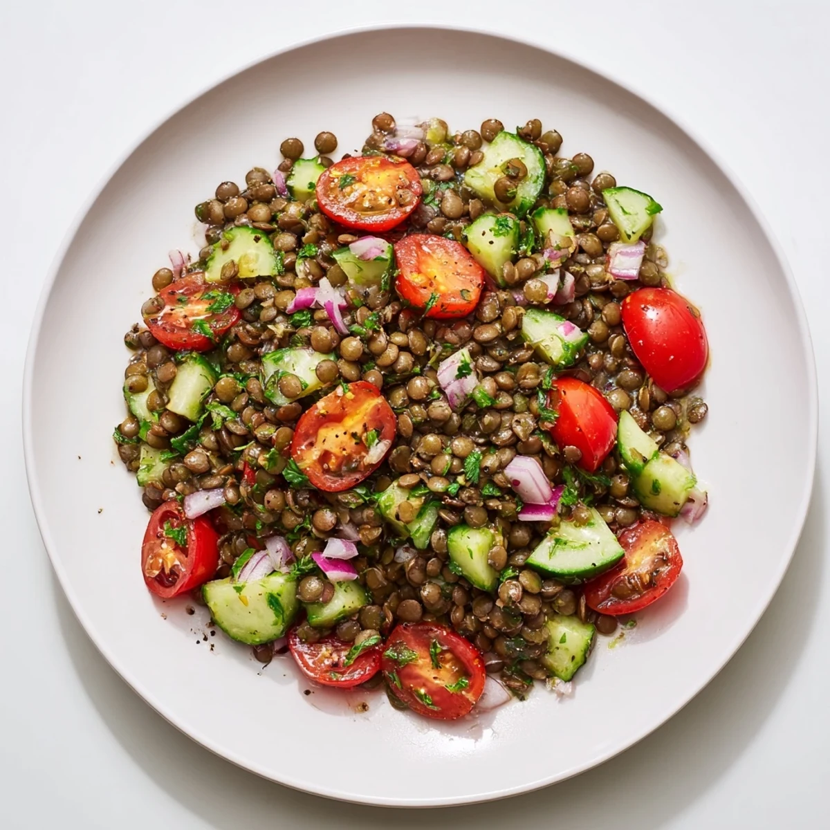 A close-up of a delightful lentil salad, drizzled with vinaigrette, offering a fresh, light lunch.