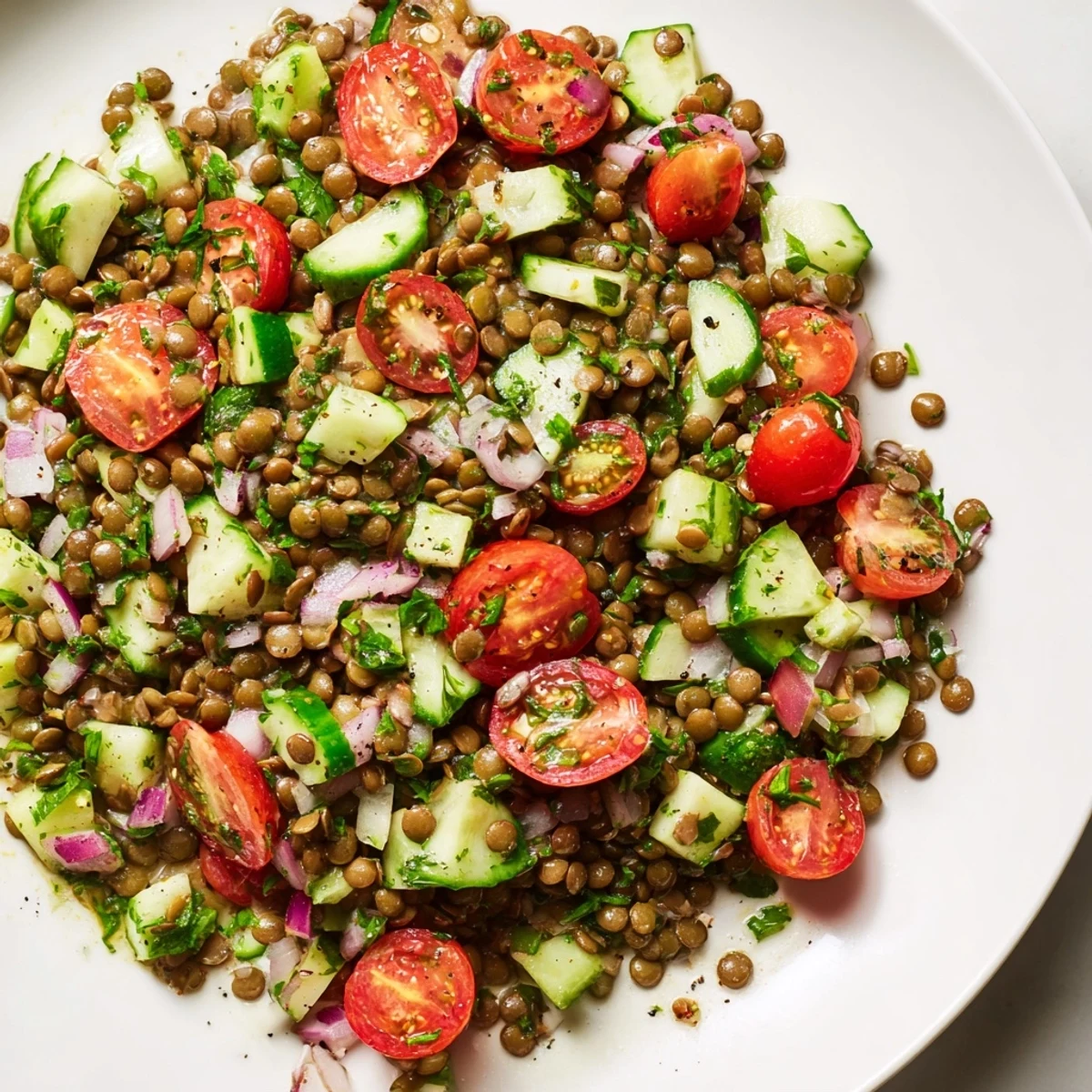 Homemade lentil salad with bright vegetables, an easy vegetarian dish with a delicious bite.