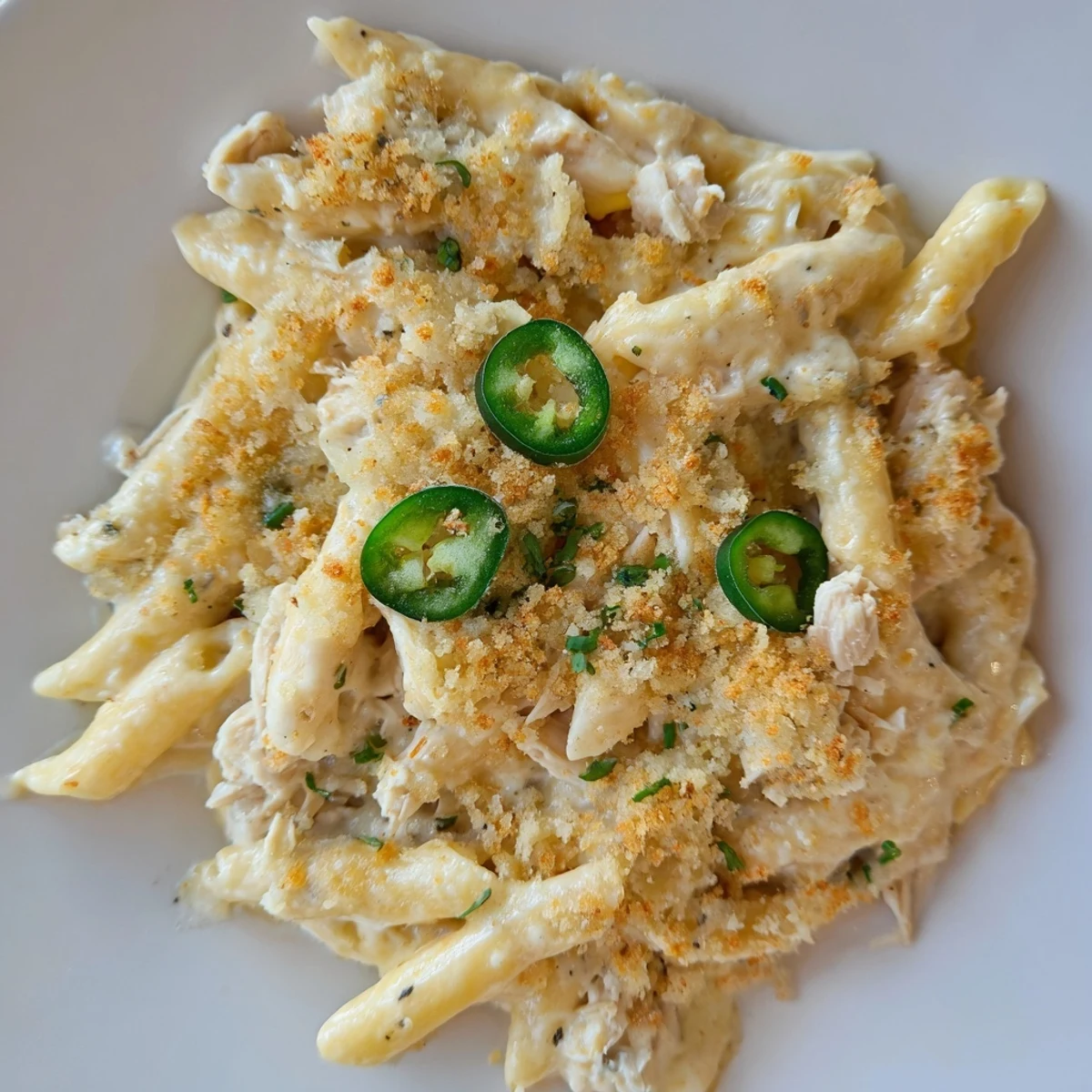 Creamy Jalapeño Popper Chicken Pasta, bubbling hot with a golden breadcrumb topping, is a delicious comfort food.