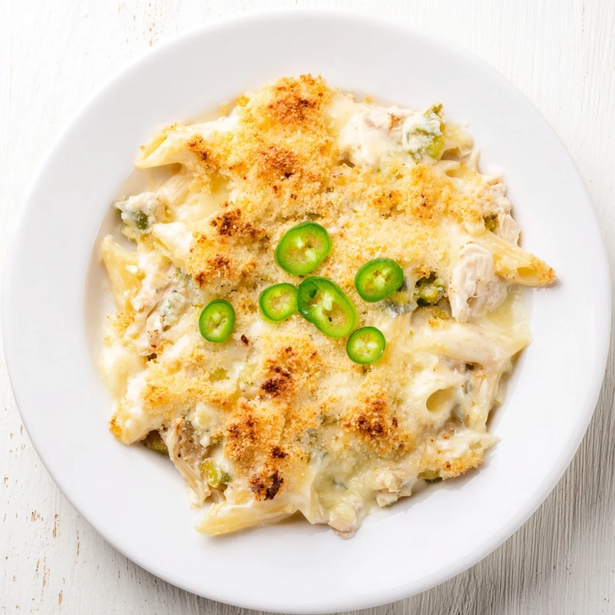A close-up shot of baked Jalapeño Popper Chicken Pasta shows cheesy, spicy goodness, ready to be served.