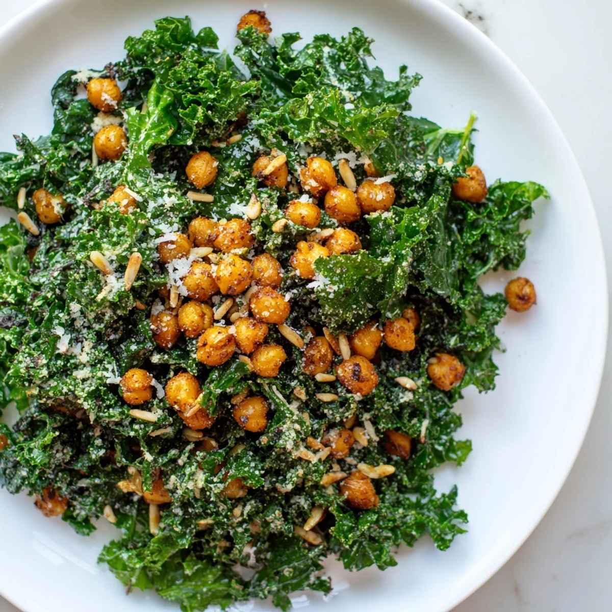 Warm kale salad with crispy chickpeas topped with golden, perfectly crunchy roasted chickpeas.