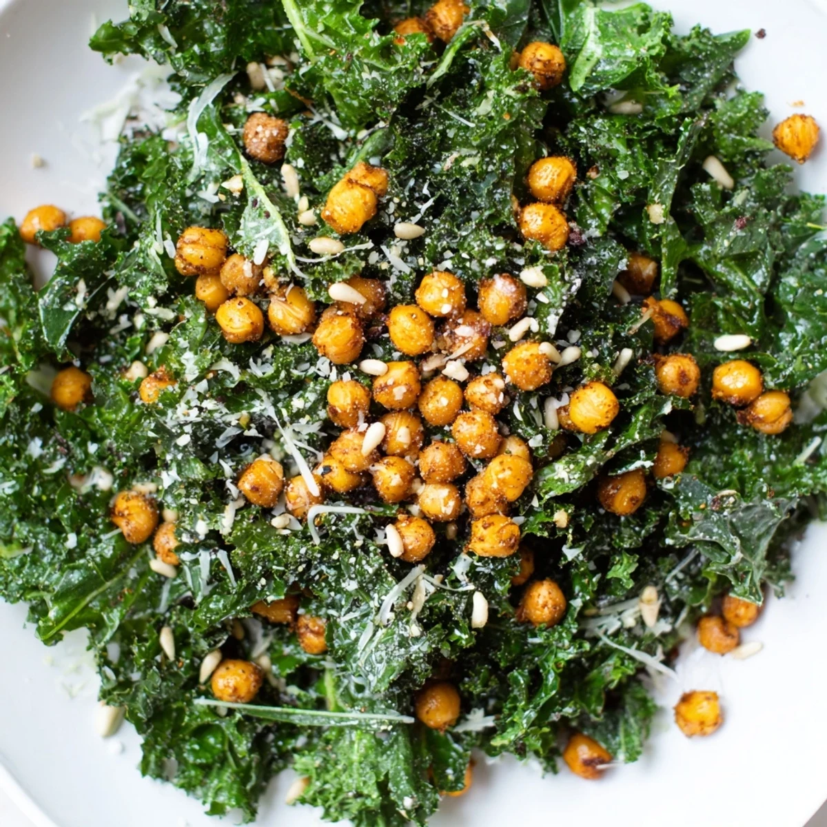 Vibrant warm kale salad with crispy chickpeas: a healthy vegan lunch option, bursting with flavor.