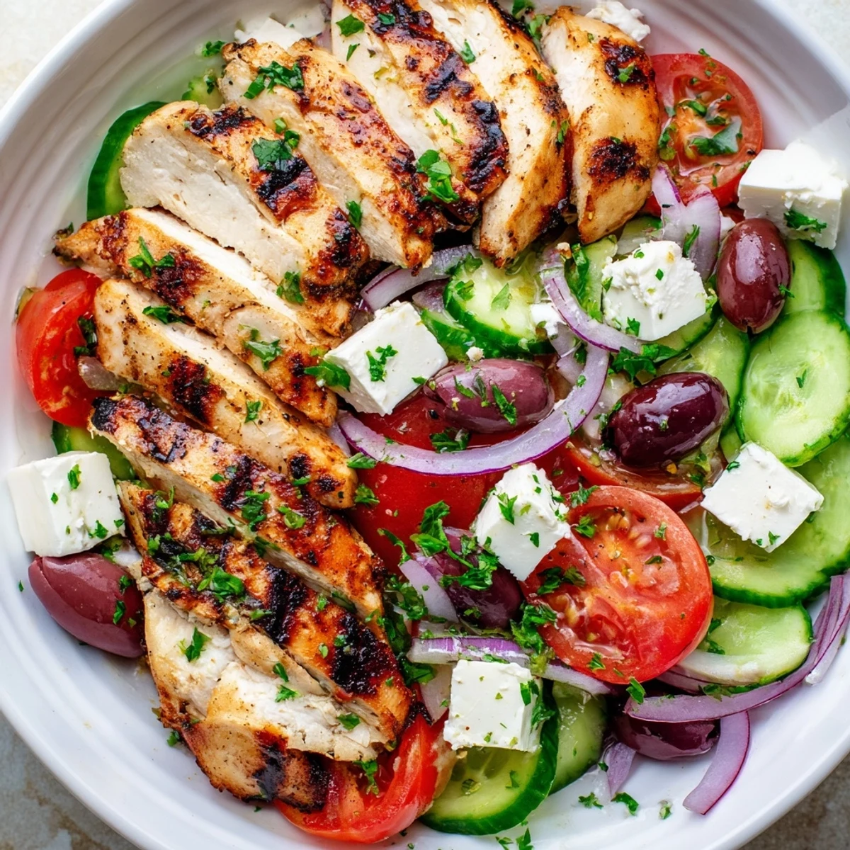 Freshly grilled chicken atop a vibrant Greek salad, a healthy and delicious Mediterranean meal.