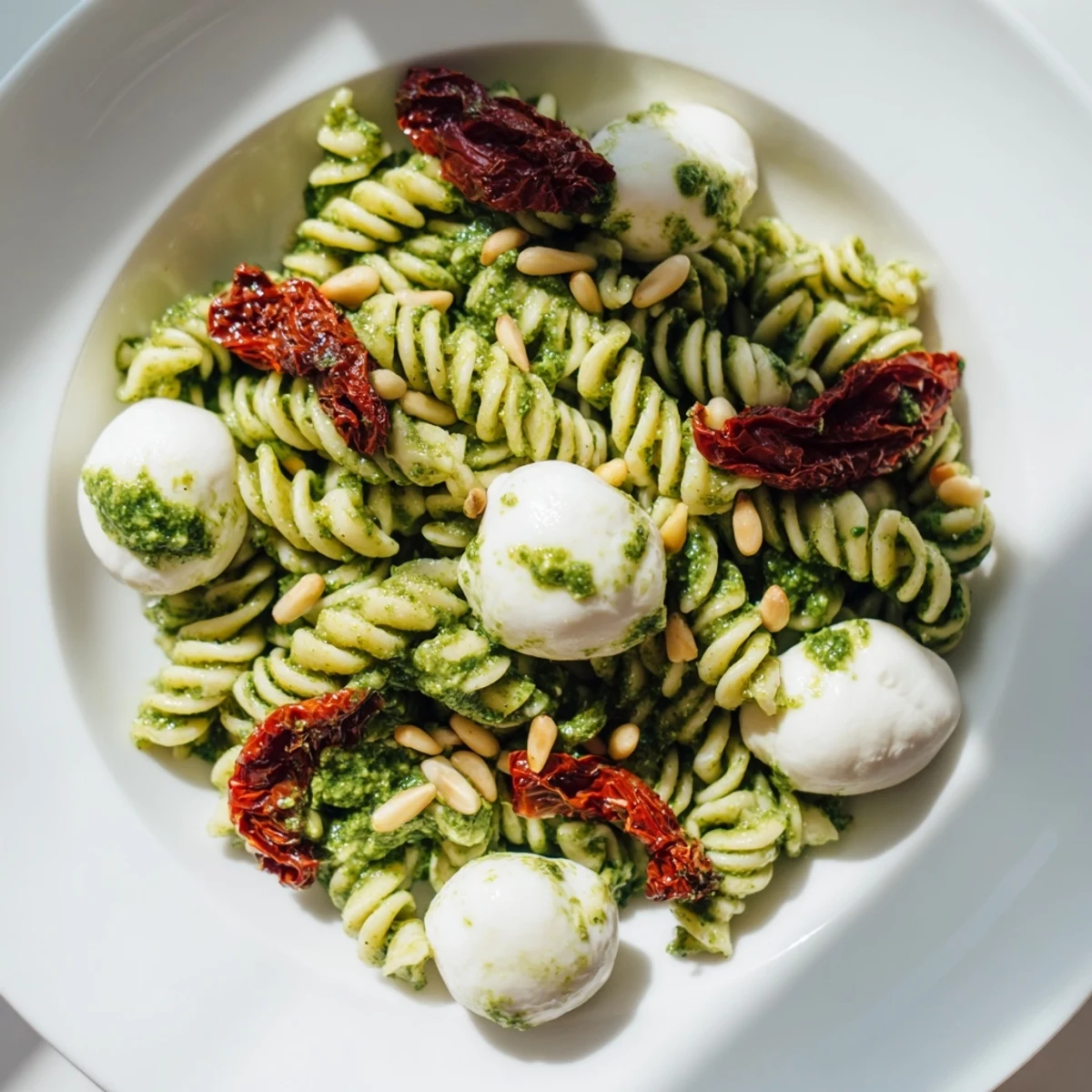 Vibrant pesto pasta salad with sun-dried tomatoes, creamy mozzarella, and toasted pine nuts.