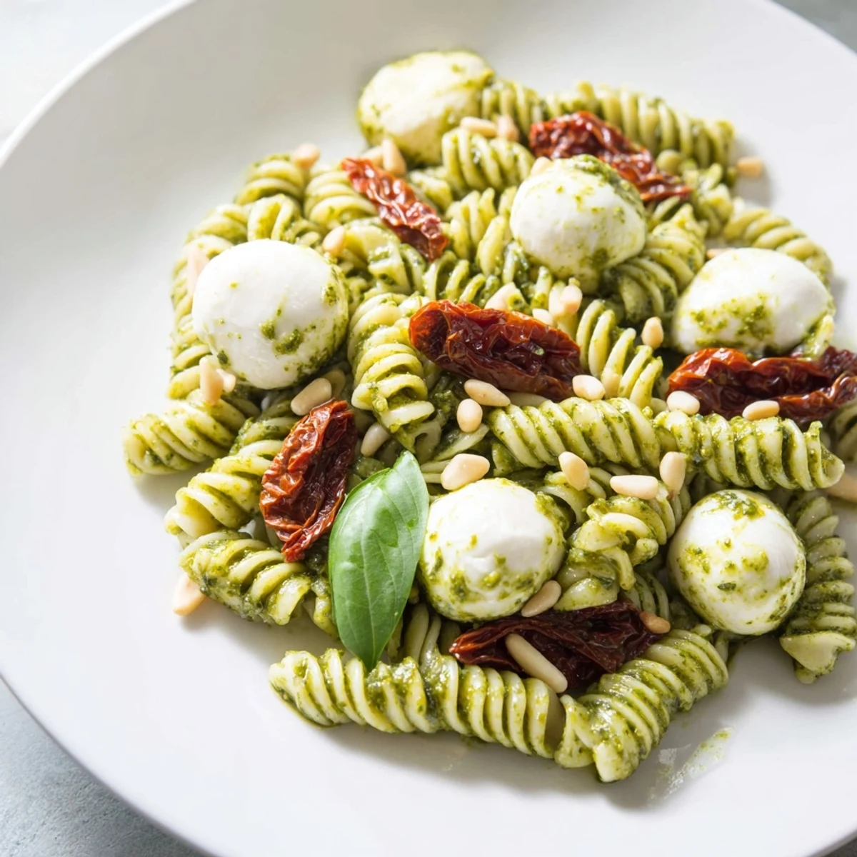 Bright green pesto coats al dente pasta in this inviting pesto pasta salad, ready to enjoy.