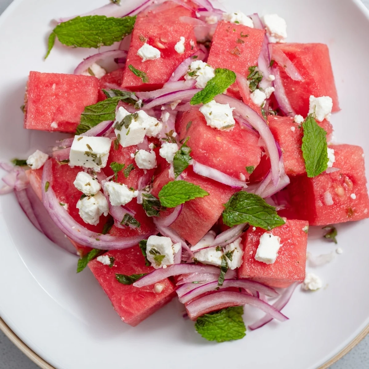 Watermelon Feta Salad with vibrant red watermelon cubes, creamy feta, and fresh mint.