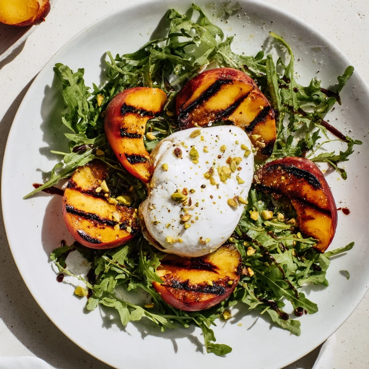 Grilled peach salad with charred peaches and creamy burrata, a perfect summer dish.