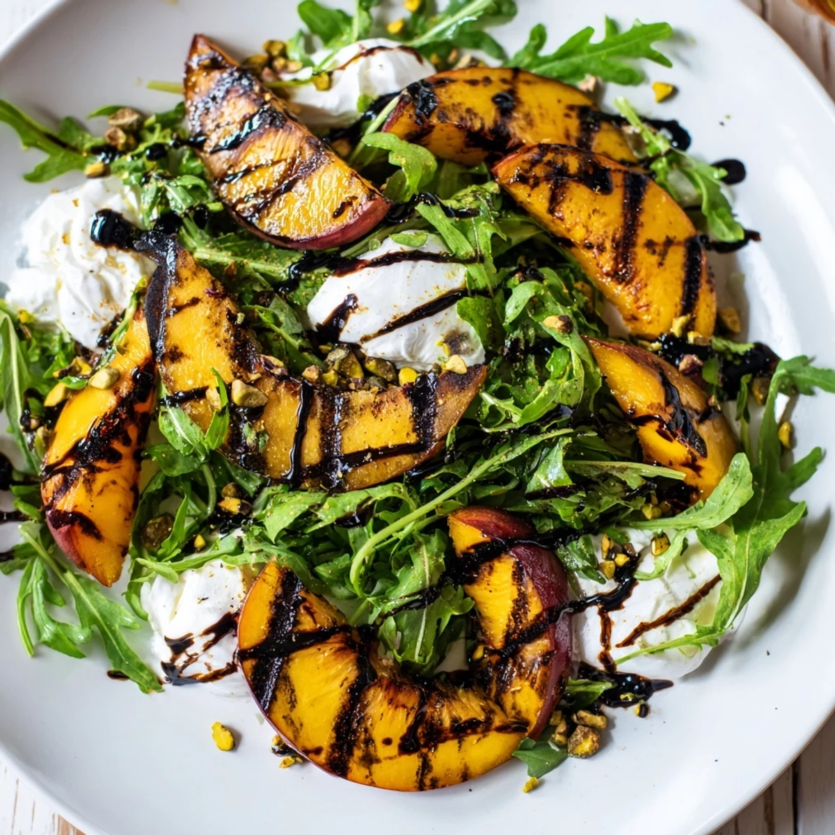 A colorful grilled peach salad, showing fresh arugula, burrata, and balsamic glaze drizzled over.