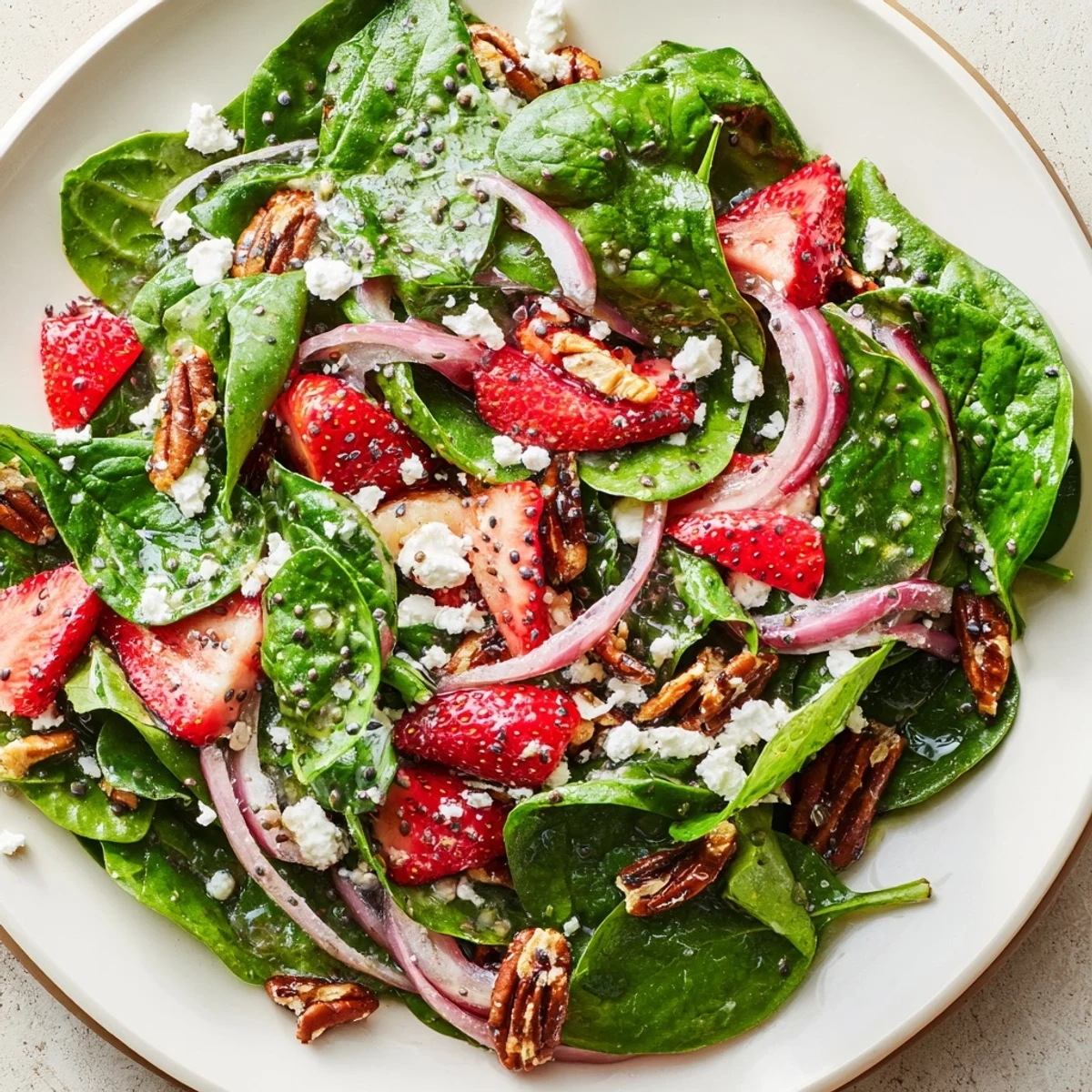A refreshing bowl of Strawberry Spinach Salad; sweet strawberries and crunchy pecans are visible.