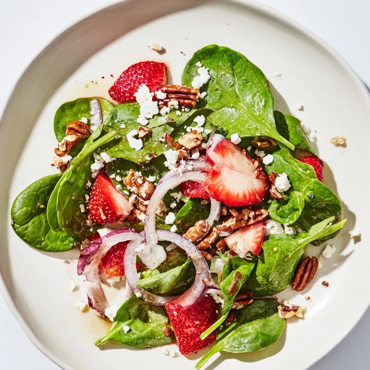 Vibrant Strawberry Spinach Salad with fresh strawberries, spinach, and candied pecans glistening with glaze.
