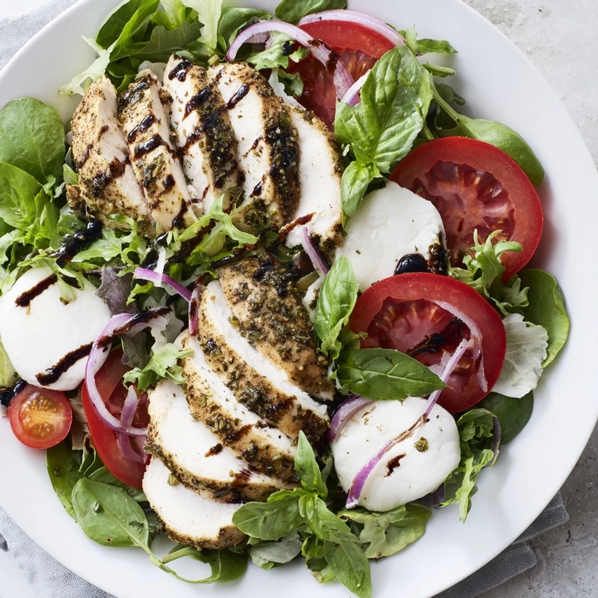 Grilled Caprese Chicken Salad with juicy chicken, tomatoes, mozzarella, and a balsamic glaze makes a delicious meal.
