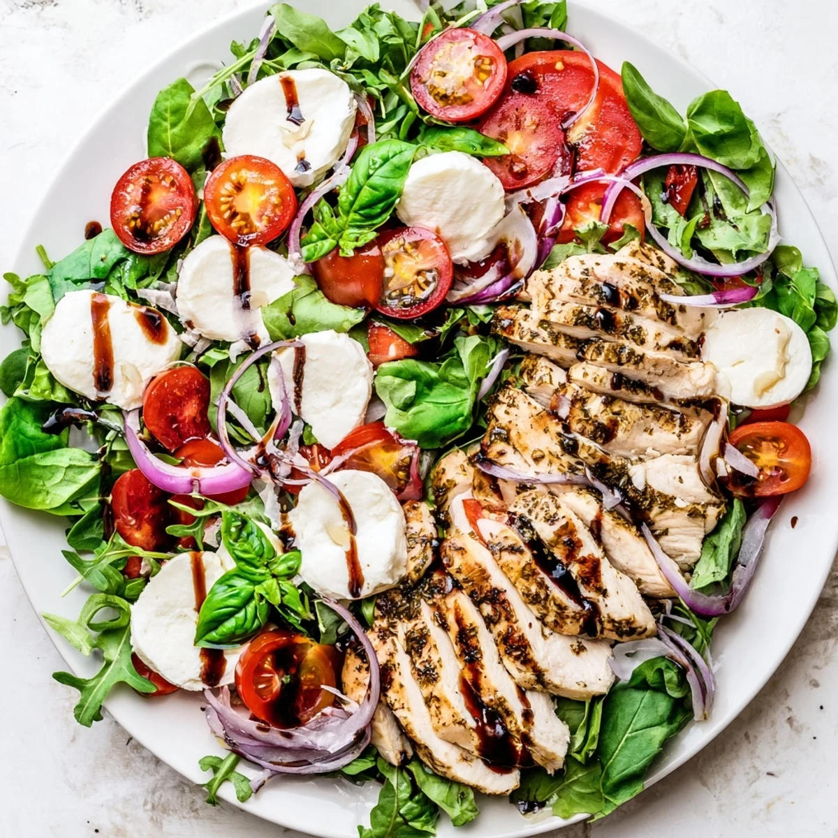 A fresh, colorful Caprese Chicken Salad features grilled chicken with ripe tomatoes, creamy mozzarella, and basil.