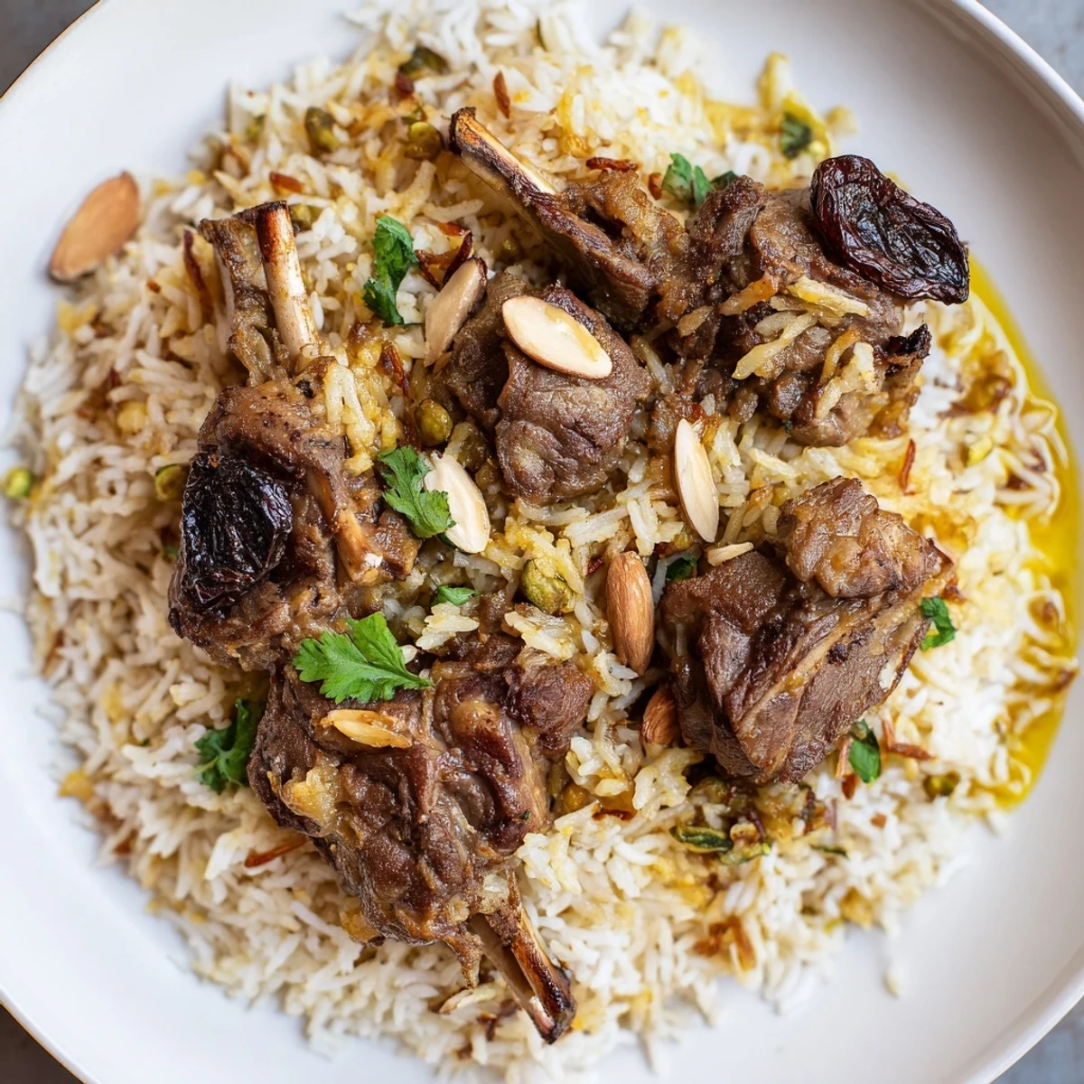 Steaming Qatari Majboos: fluffy rice surrounds tender lamb, garnished with cilantro and toasted almonds.