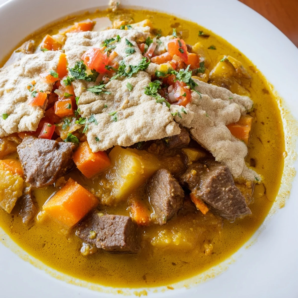 Close up shot of the flavorful Yemeni Saltah with vibrant green herbs and fluffy fenugreek topping.