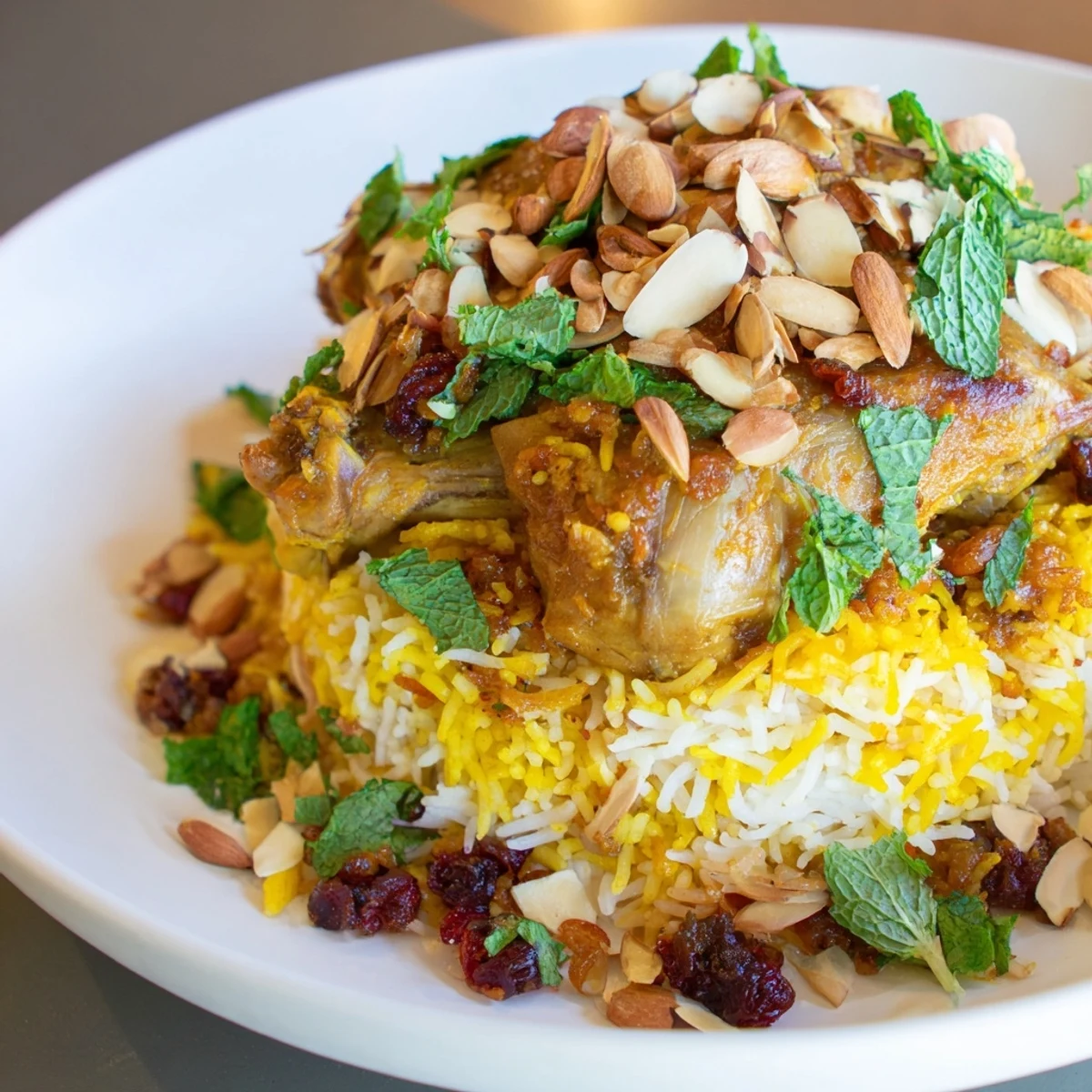 A steaming platter of Kuwaiti biryani rice, showcasing tender meat and golden, fluffy spiced rice at dinner.