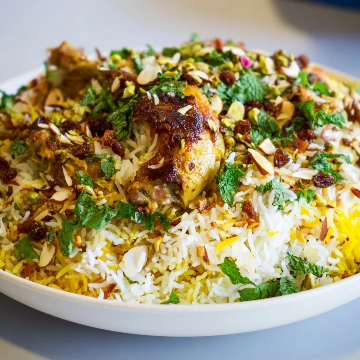 Delicious, aromatic Kuwaiti biryani, perfectly layered with meat, rice, and aromatic saffron for a flavorful meal.