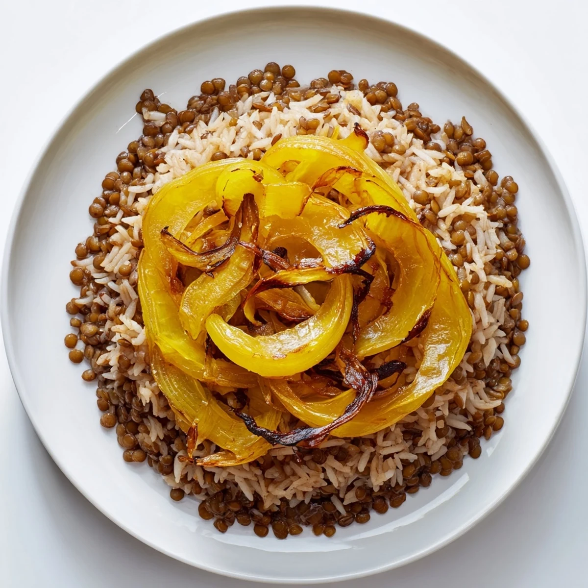 Lebanese Mjadra with caramelized onions: a warm bowl of spiced lentils and rice, ready to eat.