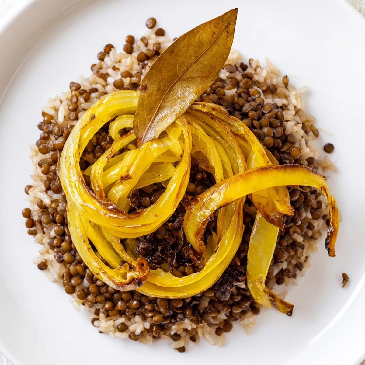 Fragrant Lebanese Mjadra, combining tender lentils and rice, topped with sweet, cooked onions.