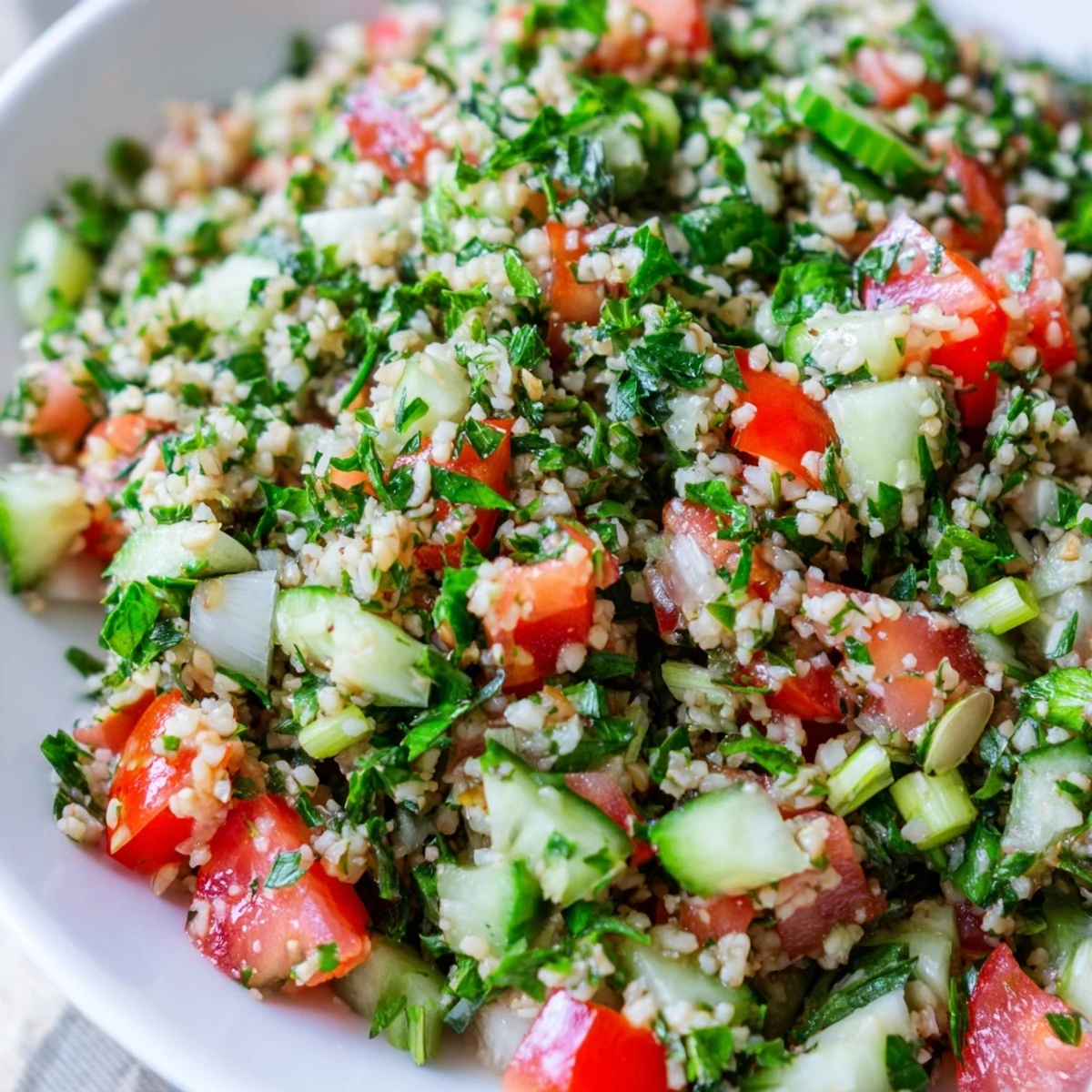 Bright, fresh Lebanese Tabbouleh Salad, showcasing juicy tomatoes, herbs, and a zesty lemon dressing.