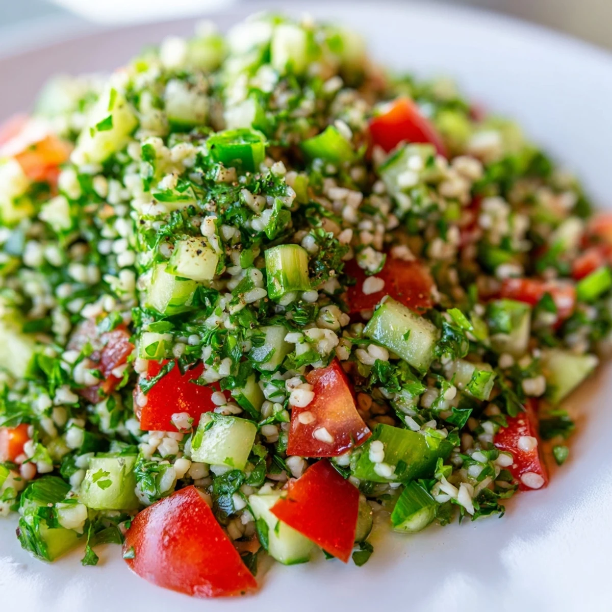 A close-up of colorful Lebanese Tabbouleh Salad, tossed with fresh parsley and a tangy oil dressing.
