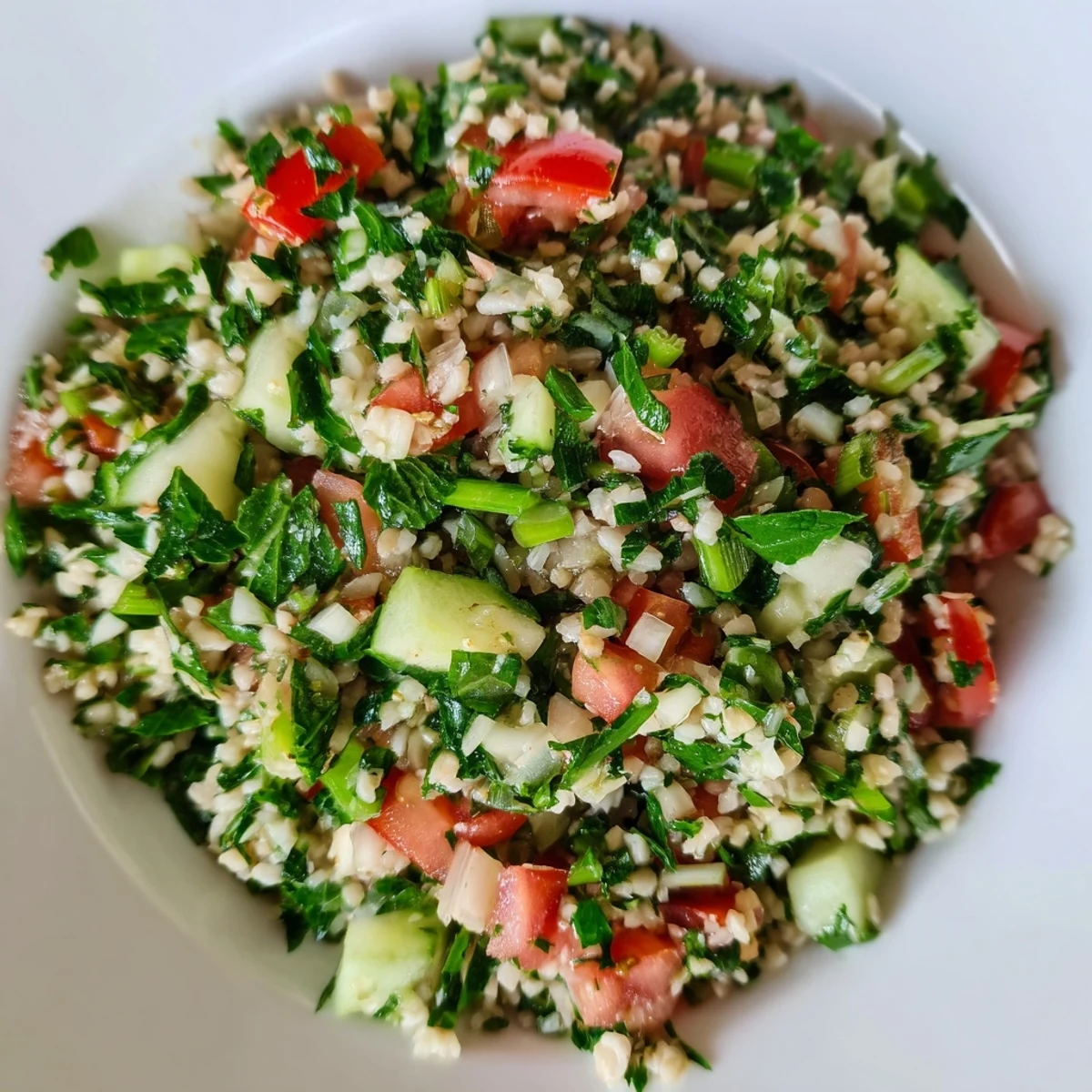This vibrant bowl of Lebanese Tabbouleh Salad is garnished and ready to serve for a light meal.