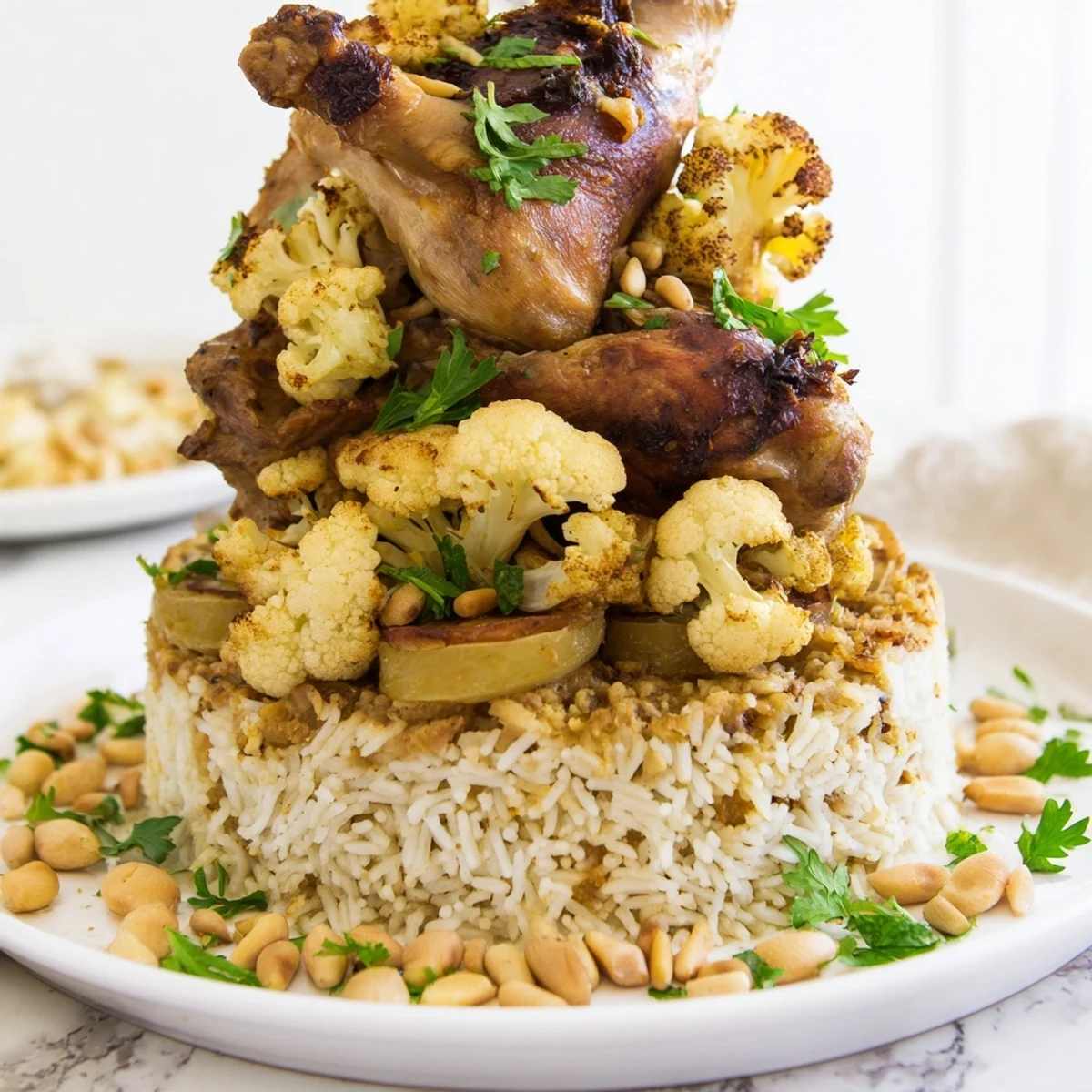 Hearty Palestinian Maklouba, a delicious inverted rice and chicken dish, is ready to serve.