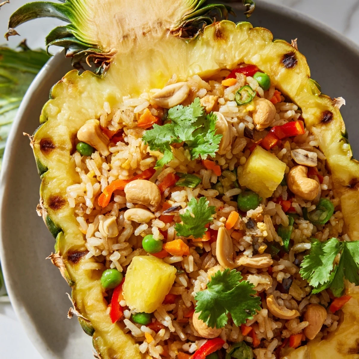 Vibrant pineapple fried rice served inside a hollowed shell, garnished with cilantro and lime wedges.  