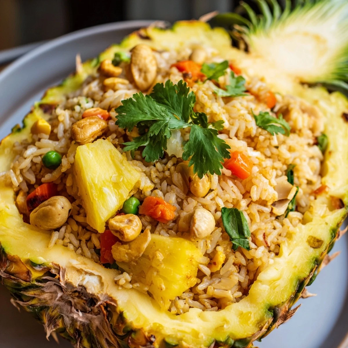 Sweet pineapple fried rice with colorful vegetables, cashews, and fluffy jasmine rice for serving.  