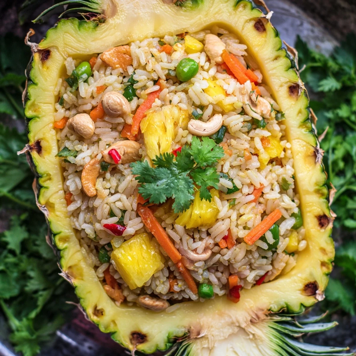 Thai-inspired pineapple fried rice topped with scallions, cilantro, and a squeeze of fresh lime.