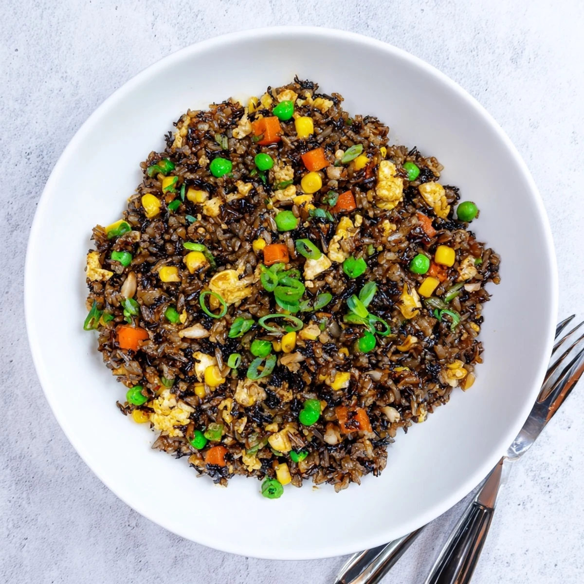 Close-up of glossy black garlic fried rice in a white bowl, garnished with fresh green scallions and a side of kimchi.