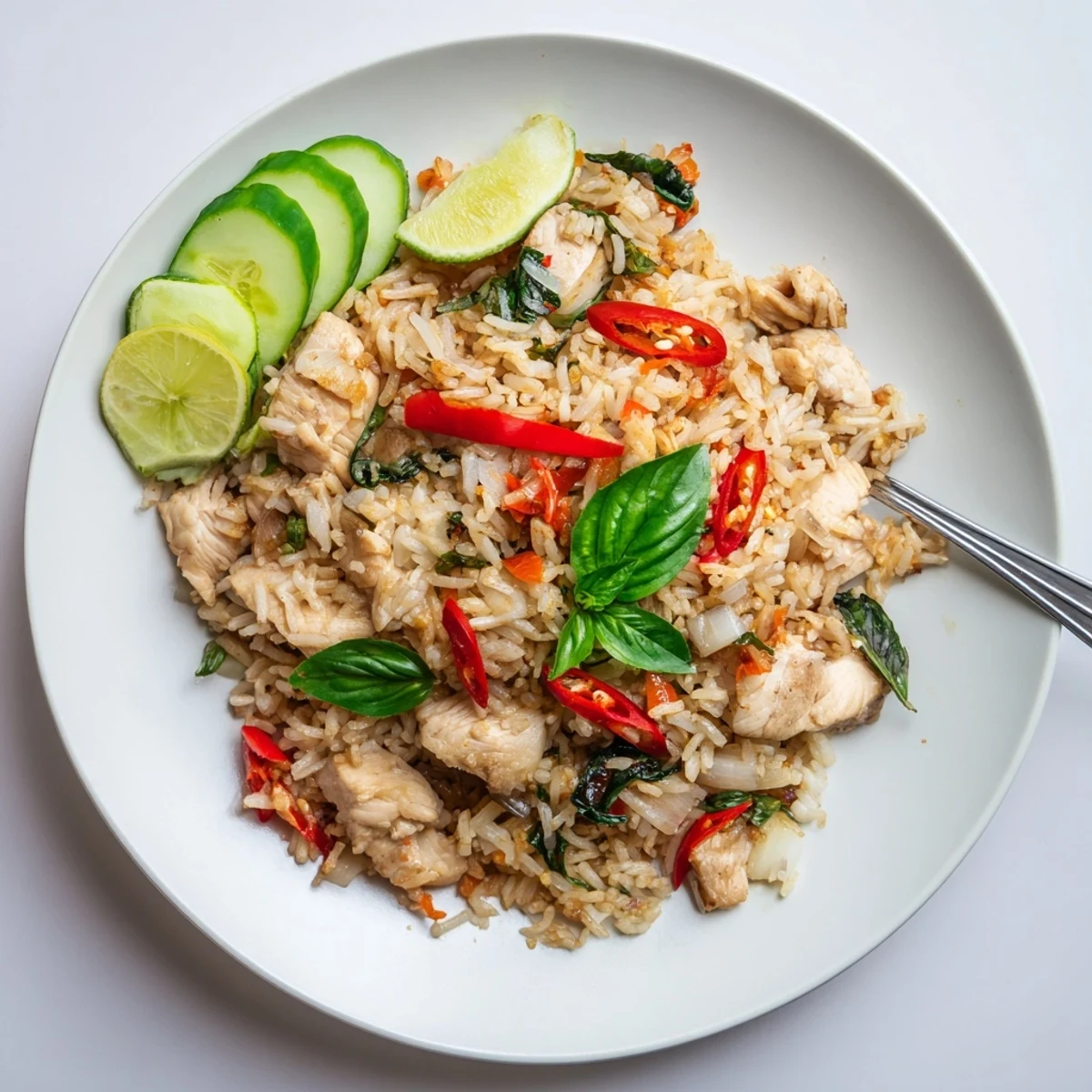 Golden Thai Basil Chicken Fried Rice is tossed with chicken, Thai chilies, and fragrant basil leaves, served with fresh lime wedges and cucumber slices.  