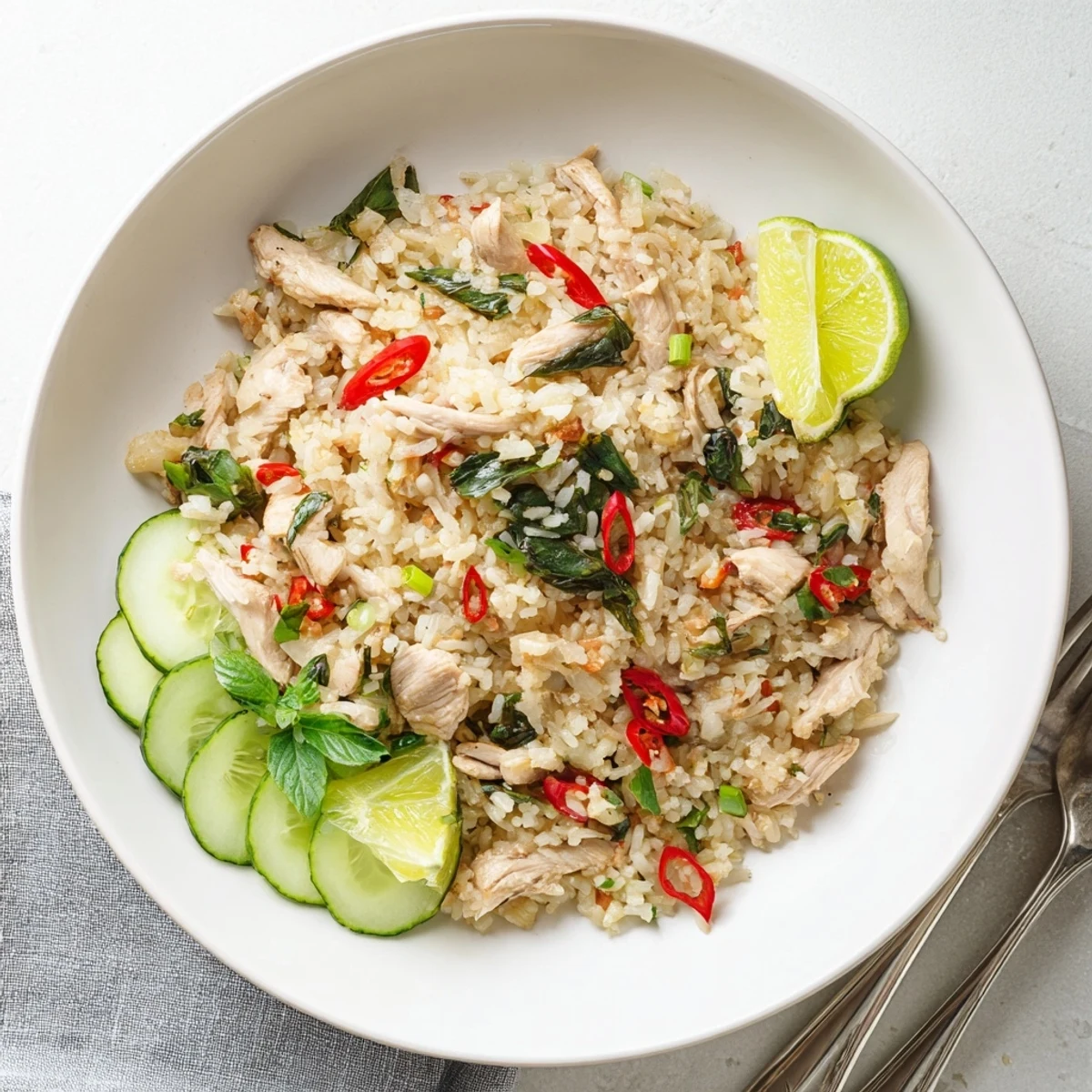 Stir-fried Thai Basil Chicken Fried Rice glimmers with soy and oyster sauces, mixed with onions, chilies, and fresh basil for a quick meal.