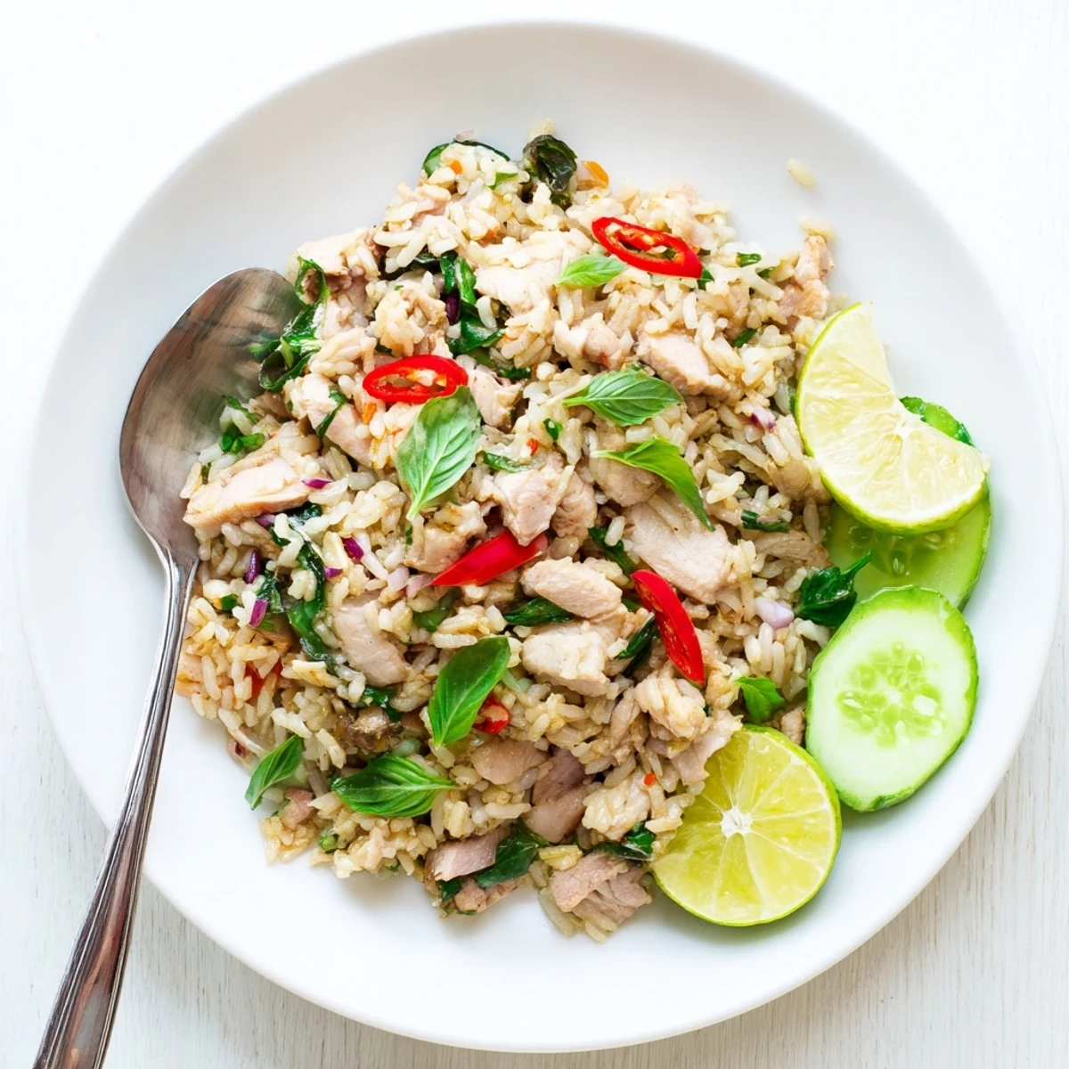 Spicy Thai Basil Chicken Fried Rice features tender chicken, aromatic holy basil, and fluffy jasmine rice, garnished with lime and crisp cucumber.  