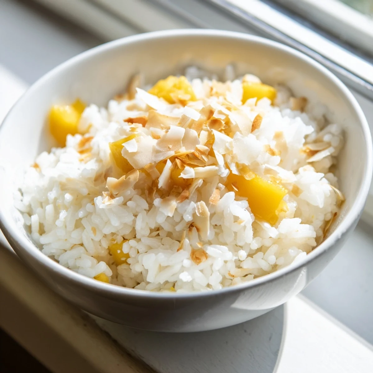 A bowl of creamy Coconut Rice Sweet, topped with toasted coconut flakes and fresh mango, glistening softly in warm light.