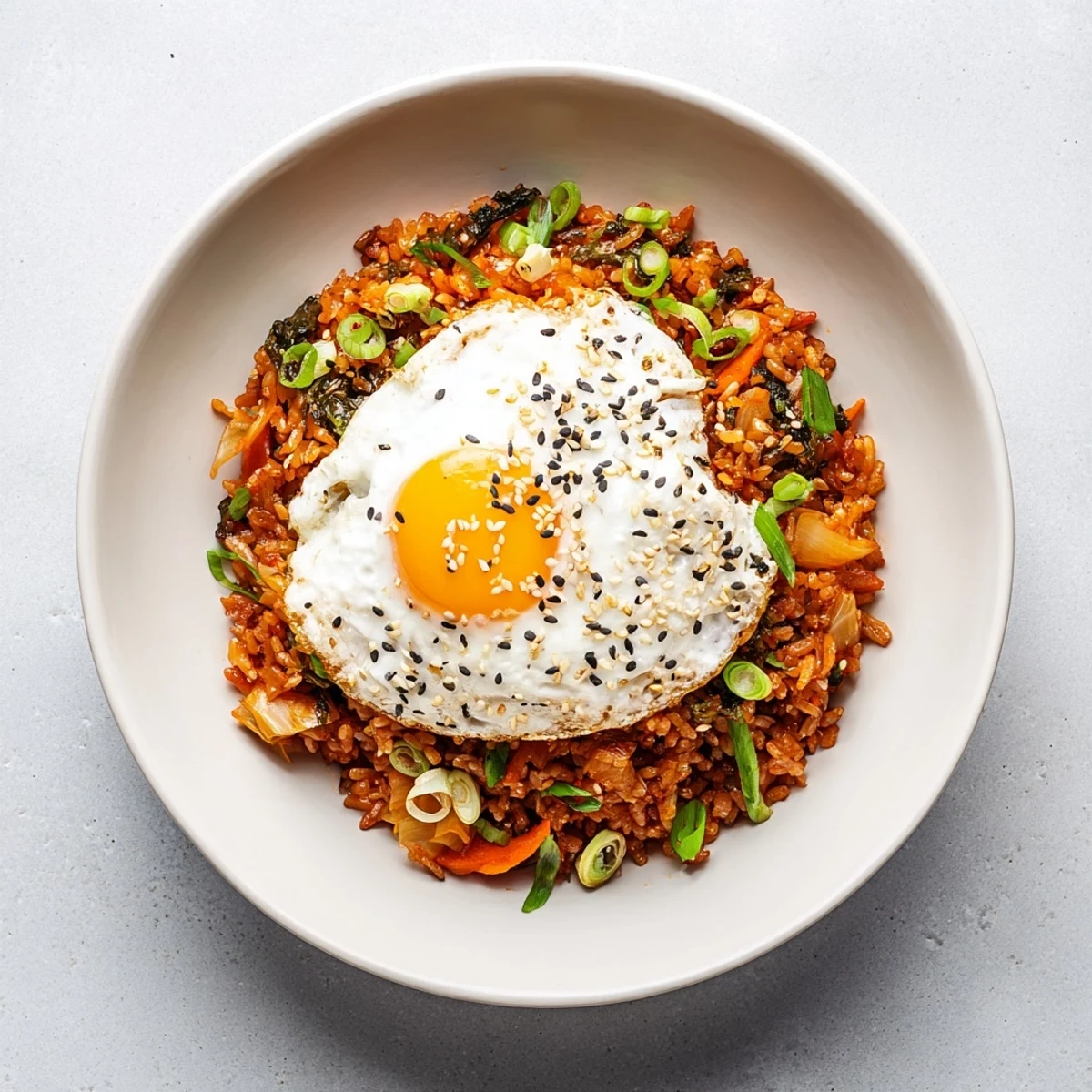 Steaming kimchi fried rice with a sunny-side-up fried egg and fresh green onions on top.
