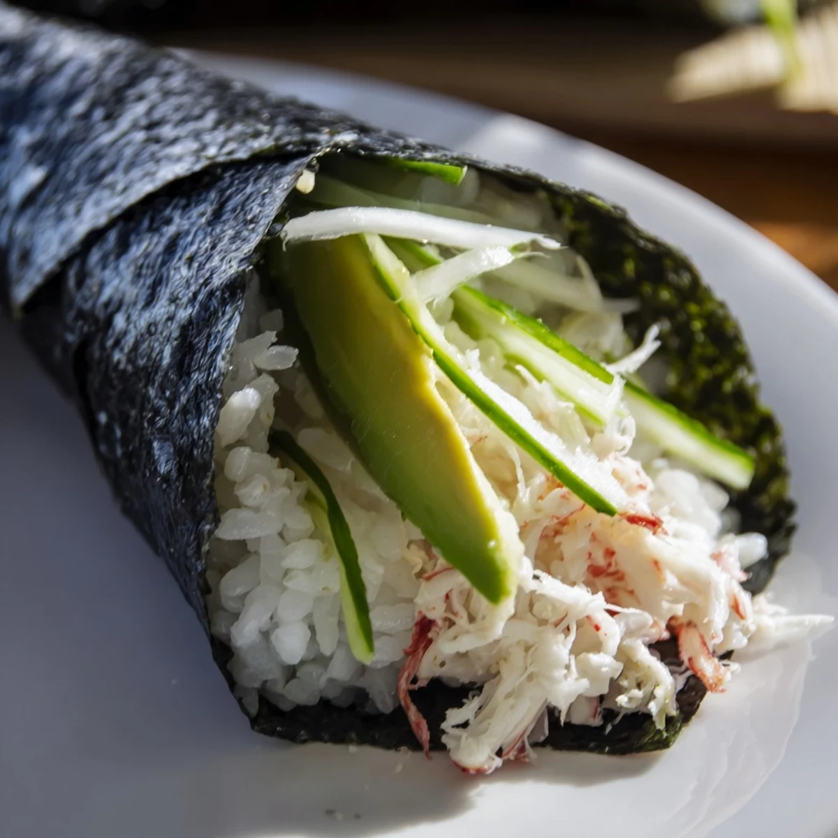 A close-up photo of a Sushi Rice Hand Roll filled with creamy avocado, crisp cucumber, and sweet crab, ready to be served.