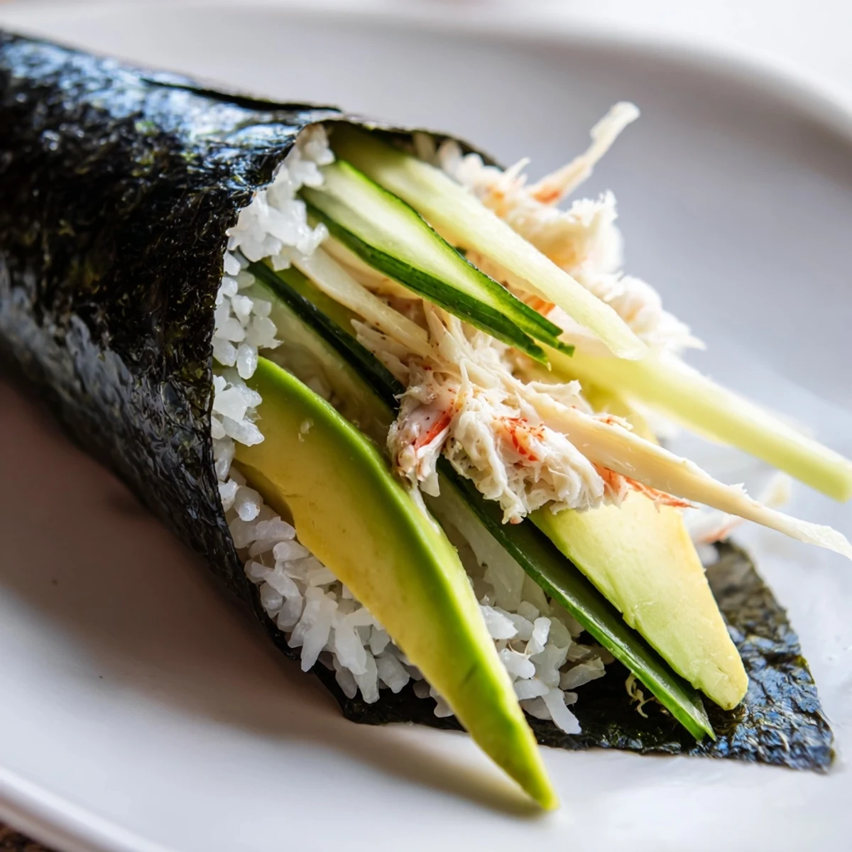 Freshly rolled Sushi Rice Hand Rolls displayed on a bamboo mat, featuring vibrant green cucumber slices and flaky crab meat.