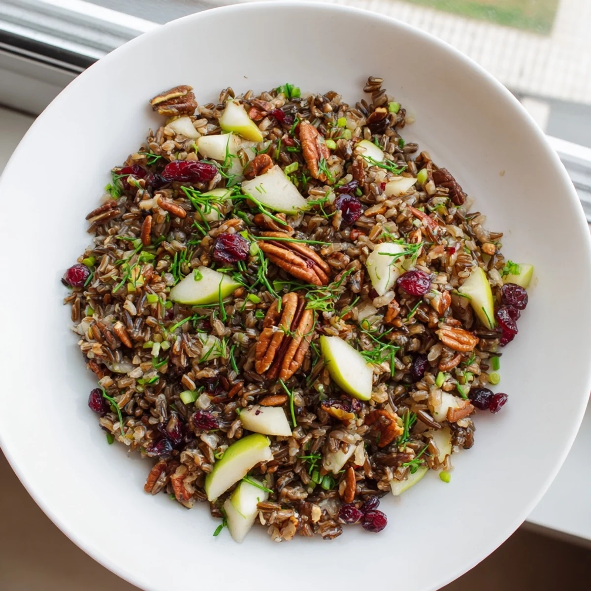 A close-up of Wild Rice Harvest Salad, showing glossy cranberries and crunchy pecans tossed with herbs on a rustic wooden table.
