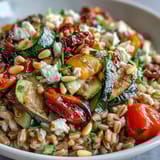 Zesty Farro Pasta Bowl with vibrant bell peppers, zucchini, tomatoes, and fresh parsley for a Mediterranean dinner.
