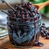 Deep purple Crème de Cassis filling a sterilized bottle with fresh blackcurrants, perfect for a Kir Royale cocktail.