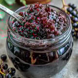 A tall glass bottle of Easy Blackcurrant Liqueur, filled with a deep burgundy liquid that catches the light, next to a bowl of fresh blackcurrants.