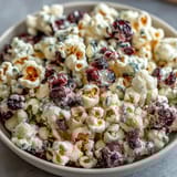 Gourmet black currant cheesecake kettle corn with tangy berry and creamy notes, drizzled with vanilla glaze.  