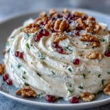 Creamy butter base topped with honey, toasted nuts, and microgreens on a wooden board, perfect for gatherings.