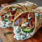 Delicious Tzatziki Chicken Wraps plated beautifully with crumbled feta cheese and fresh vegetables.