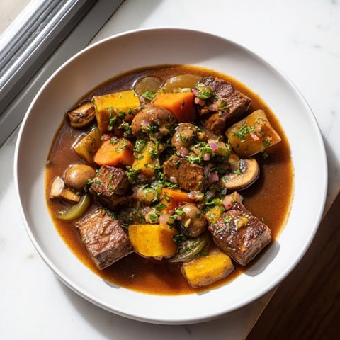 A steaming bowl of earthy beef stew with crusty bread, a comforting meal.