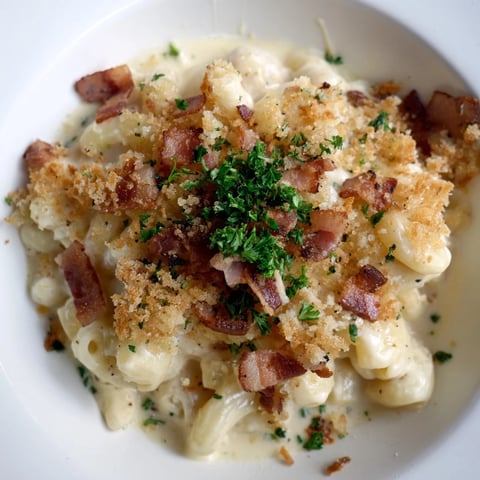 A close-up shot of Tinis Mac and Cheese with Bacon, showing crispy bacon topping creamy cheese sauce.